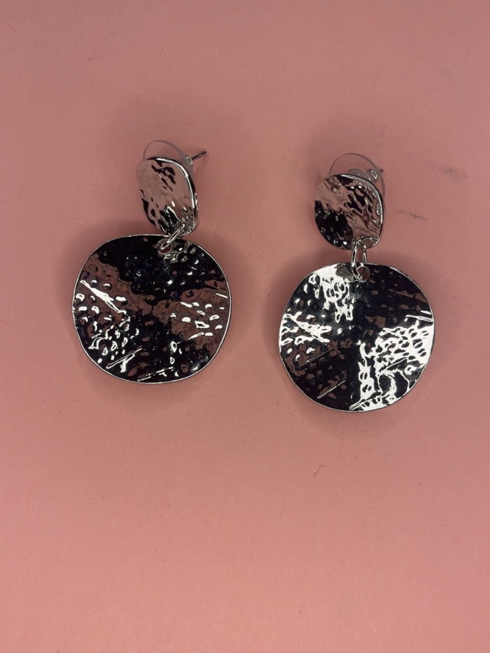 Textured Silver Disc Drop Earrings - Women Jewelry